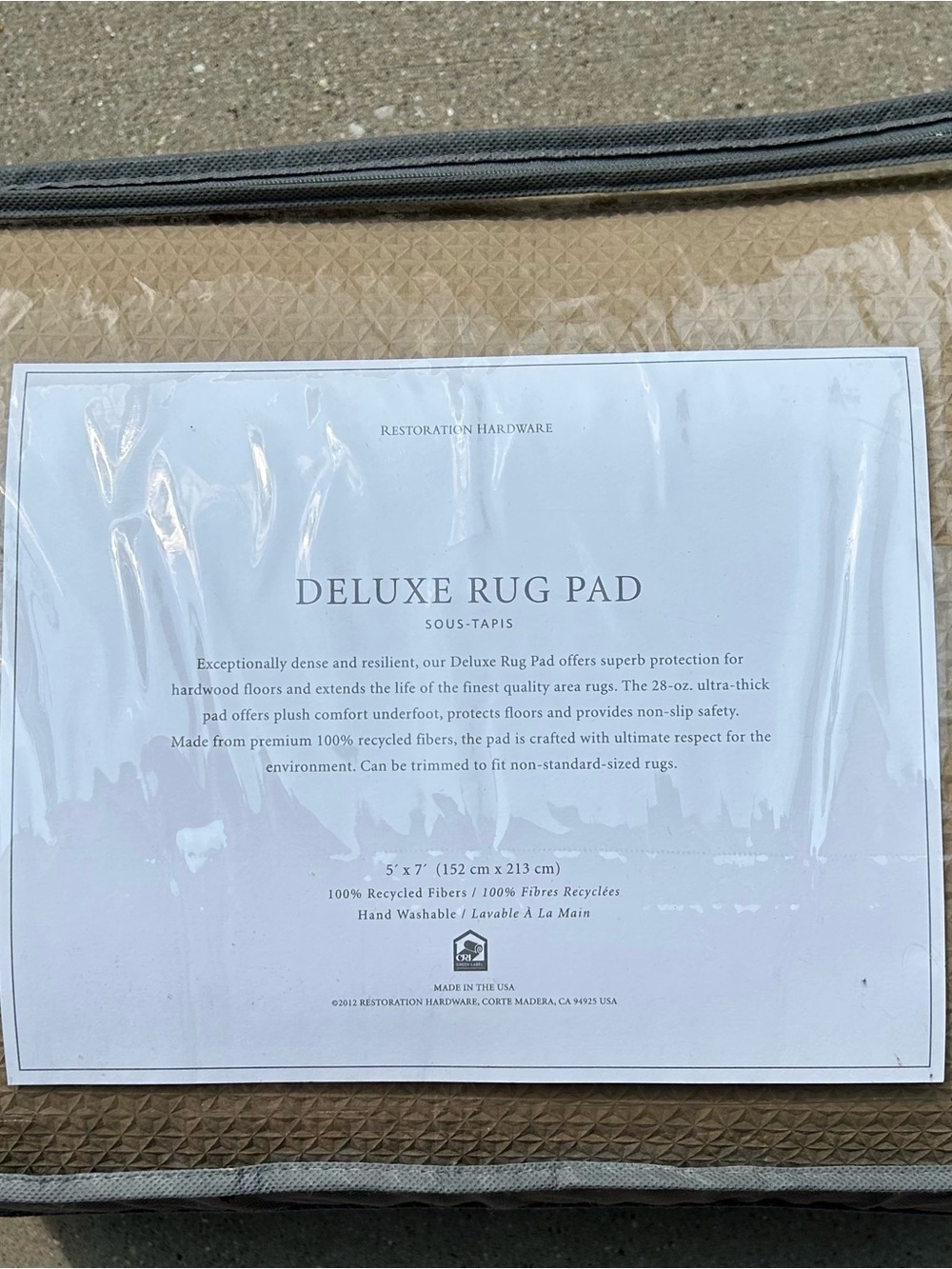 NEW Restoration Hardware DELUXE area rug pad - size 5x7